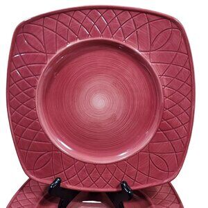 2 Pfaltzgraff Paradise Flame Dinner Plates 11.5" square red etched stoneware